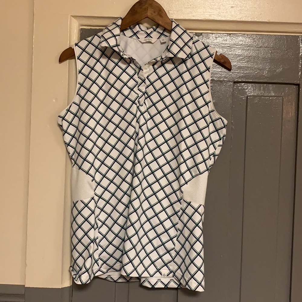 Lady Hagen White Sleeveless Golf Polo with Navy Grid